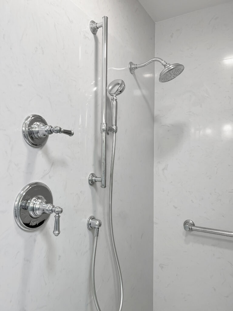 shower with metal fixtures