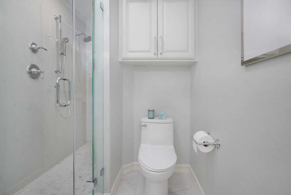 Modern white home's bathroom with transparent stand-up door