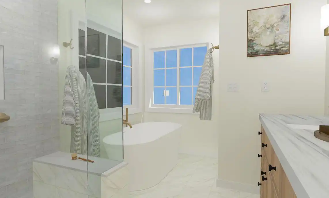 3D Rendering of a white bathroom with glass shower, white bathtub, oak cabinets and white stone countertop.