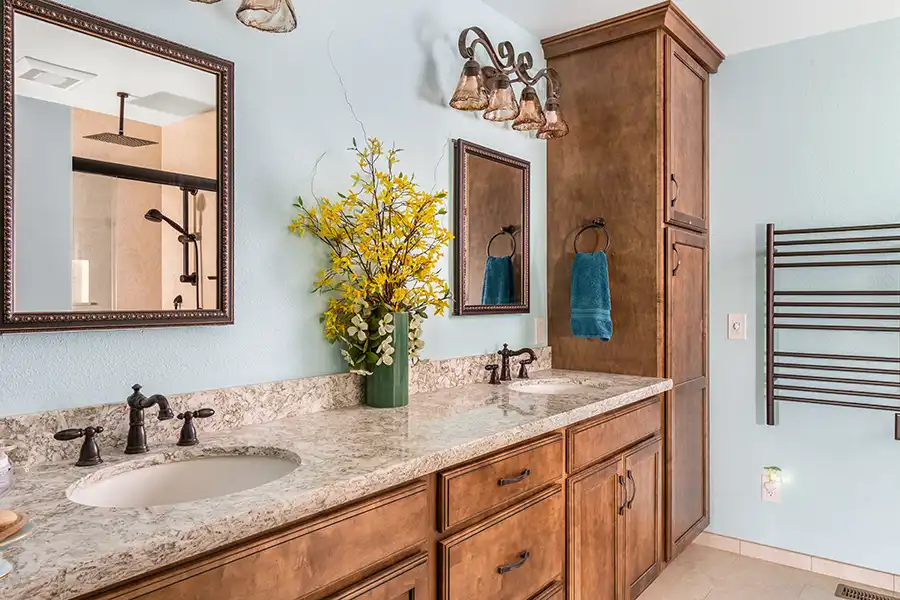 08 YellowoodPl_CareyBros10 F Curbless or low-threshold shower with full-height tile, Pressure-balance or thermostatic shower controls, Floating or furniture-style vanity with stone countertop, Water-efficient fixtures compliant with California codes, Thoughtful lighting for both task and ambiance, Slip-resistant flooring selected for safety and durability