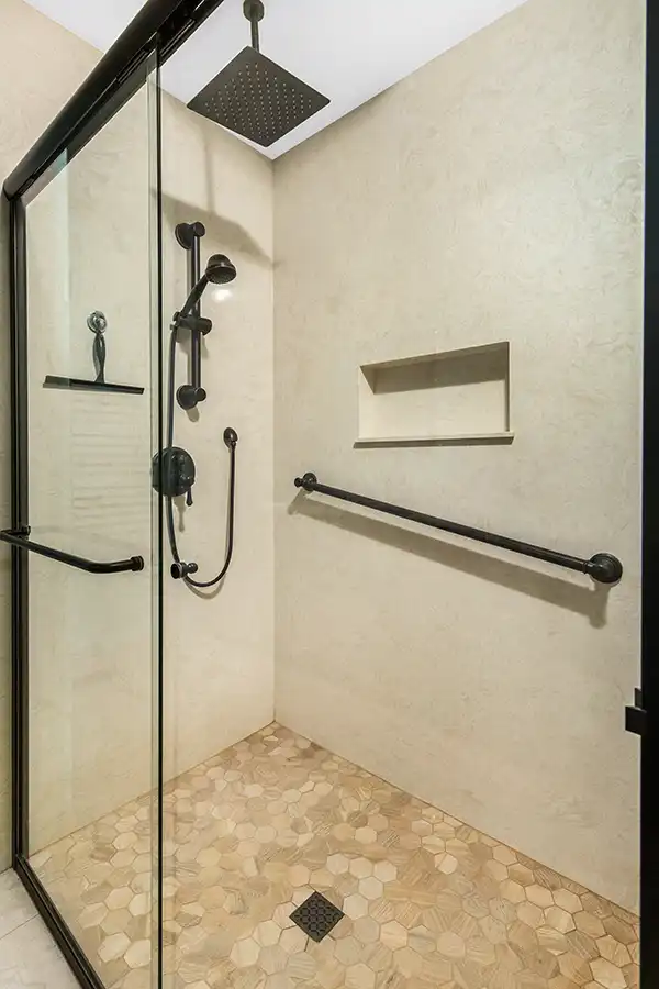 11 YellowoodPl_CareyBros13 Curbless or low-threshold shower with full-height tile, Pressure-balance or thermostatic shower controls, Floating or furniture-style vanity with stone countertop, Water-efficient fixtures compliant with California codes, Thoughtful lighting for both task and ambiance, Slip-resistant flooring selected for safety and durability